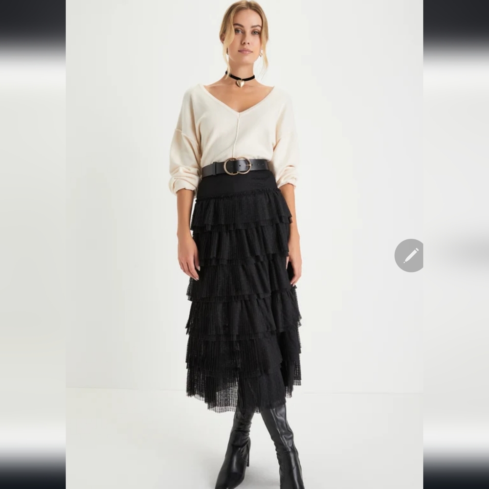 Chic Cutie Black Tulle Swiss Dot Tiered Midi Skirt Lulus